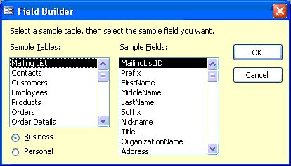 The Field Builder dialog box